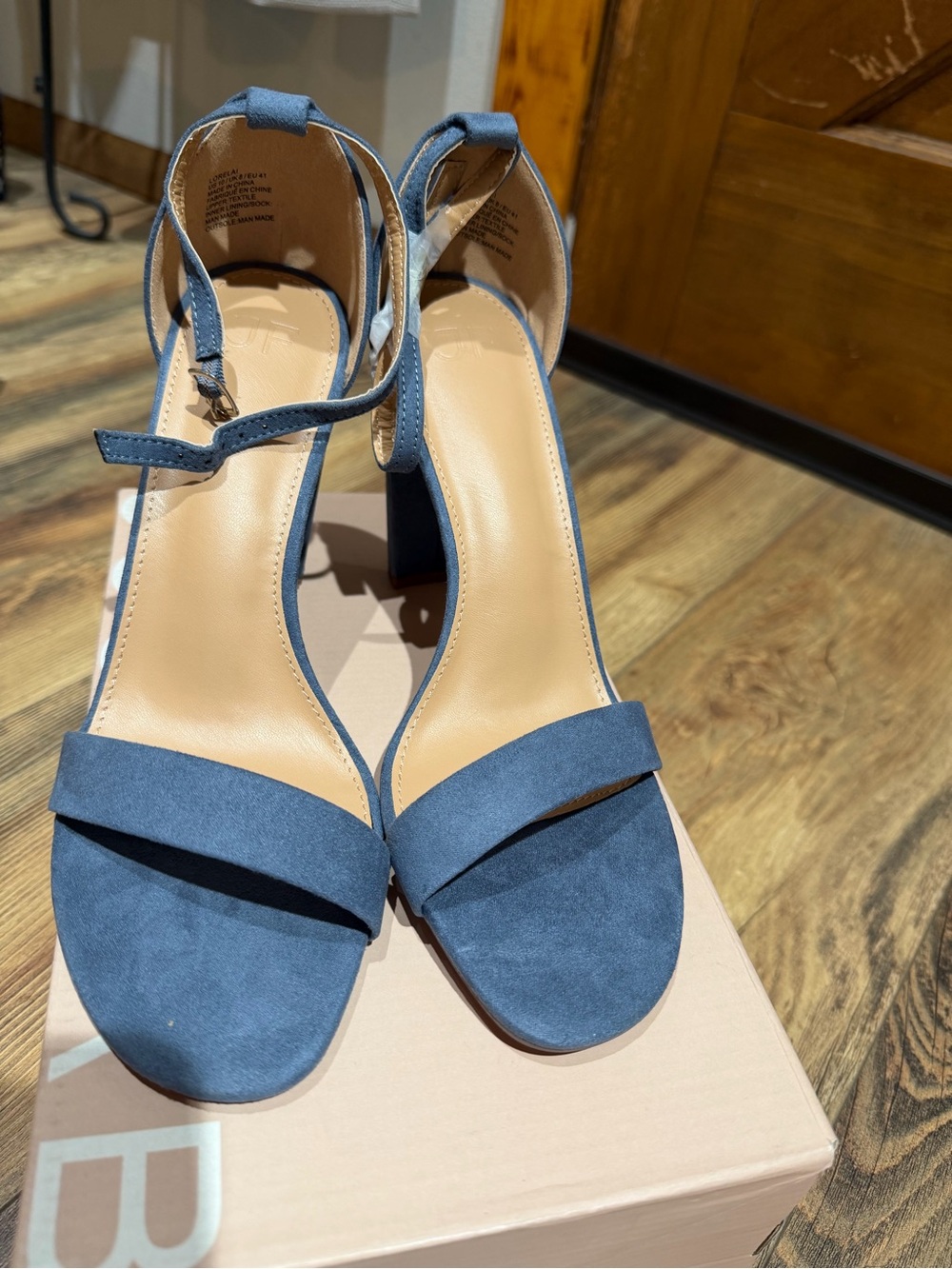 JustFab Flint Stoen Blue Suede Block Heel Sandals with Ankle Strap